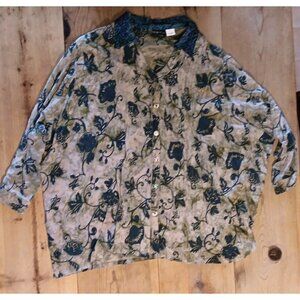 Vtg MiB Womens Plus K 5X Blouse Top Button Front Floral Rayon Artsy Indonesia